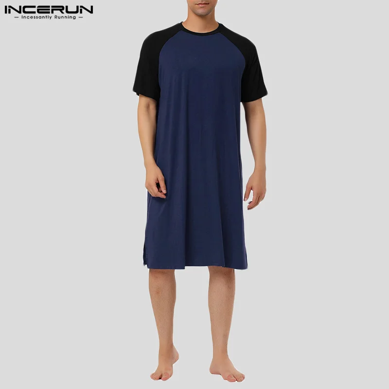 

INCERUN 2023 Men's Homewear Short Sleeve Stitching Colors Night Shirts Male Hot Selling Loose Soft Loungewear Night Gowns S-5XL