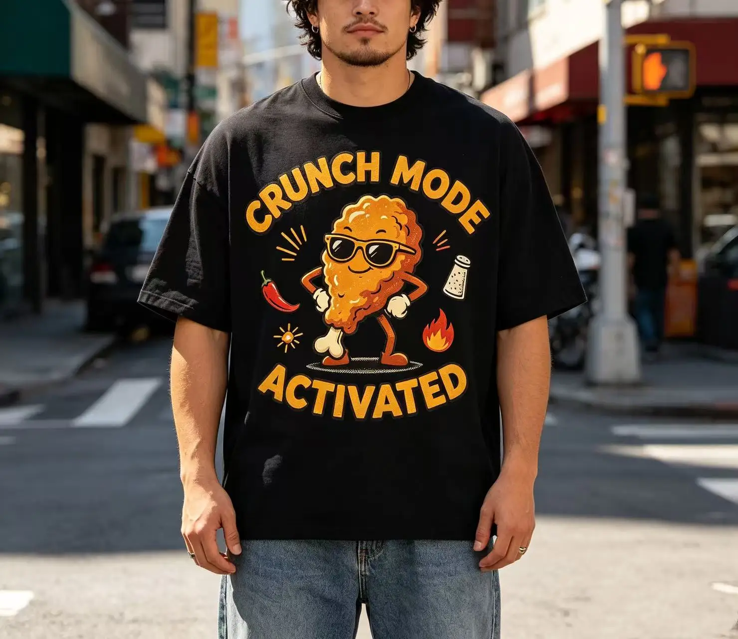 Unisex Crunch Mode Activated Cool Fried Chicken Drumstick Cartoon Graphic T Shirt Men Women Funny Food Print Oversized Crew Neck Cotton Tee