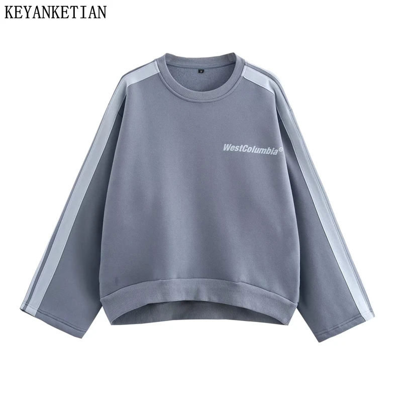 

KEYANKETIAN Winter New Women Striped Patchwork Letter Print Hoodies Pullover Leisure style O-Neck Loose Asymmetrical Sweatshirt