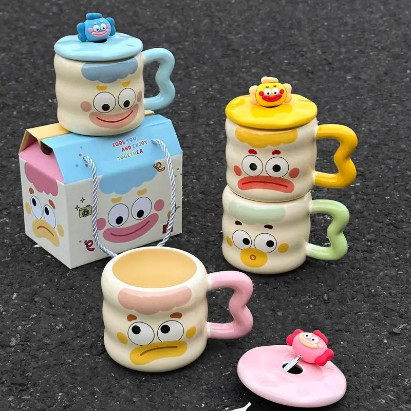 Macaron Hangyodon Mug Cartoon Doll with Lid Spoon Ceramic Milk Coffee Office Girl Creative Afternoon Tea Kawaii Cup Set for Gift