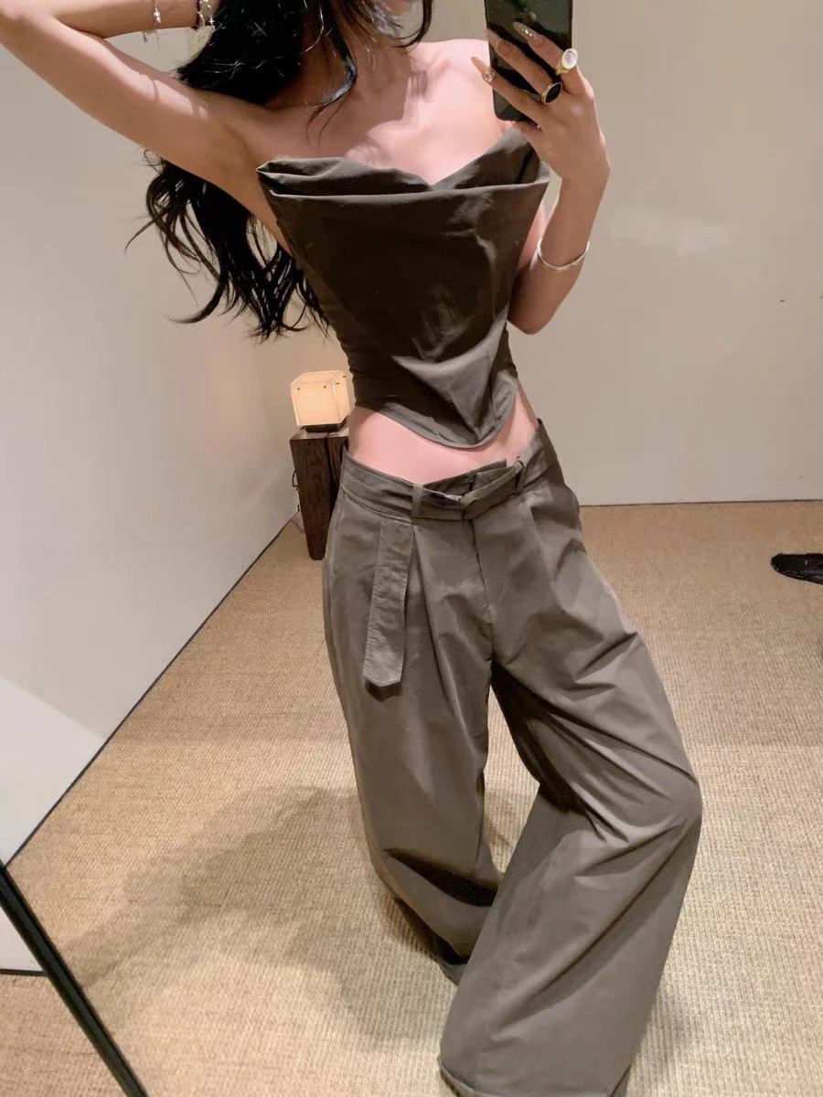 TWOTWINSTYLE 솔리드 투피스 세트 여성용 Strapless 민소매 탑 하이 웨이스트 루즈 캐주얼 와이드 레그 팬츠 Femle Fashion Style