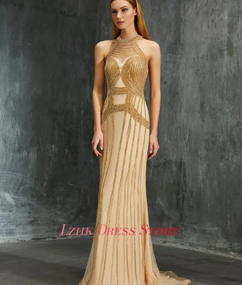 Abito da sera con perline con paillettes a sirena in organza sexy personalizzato Abiti da celebrità senza maniche con lunghezza al pavimento di alta qualità