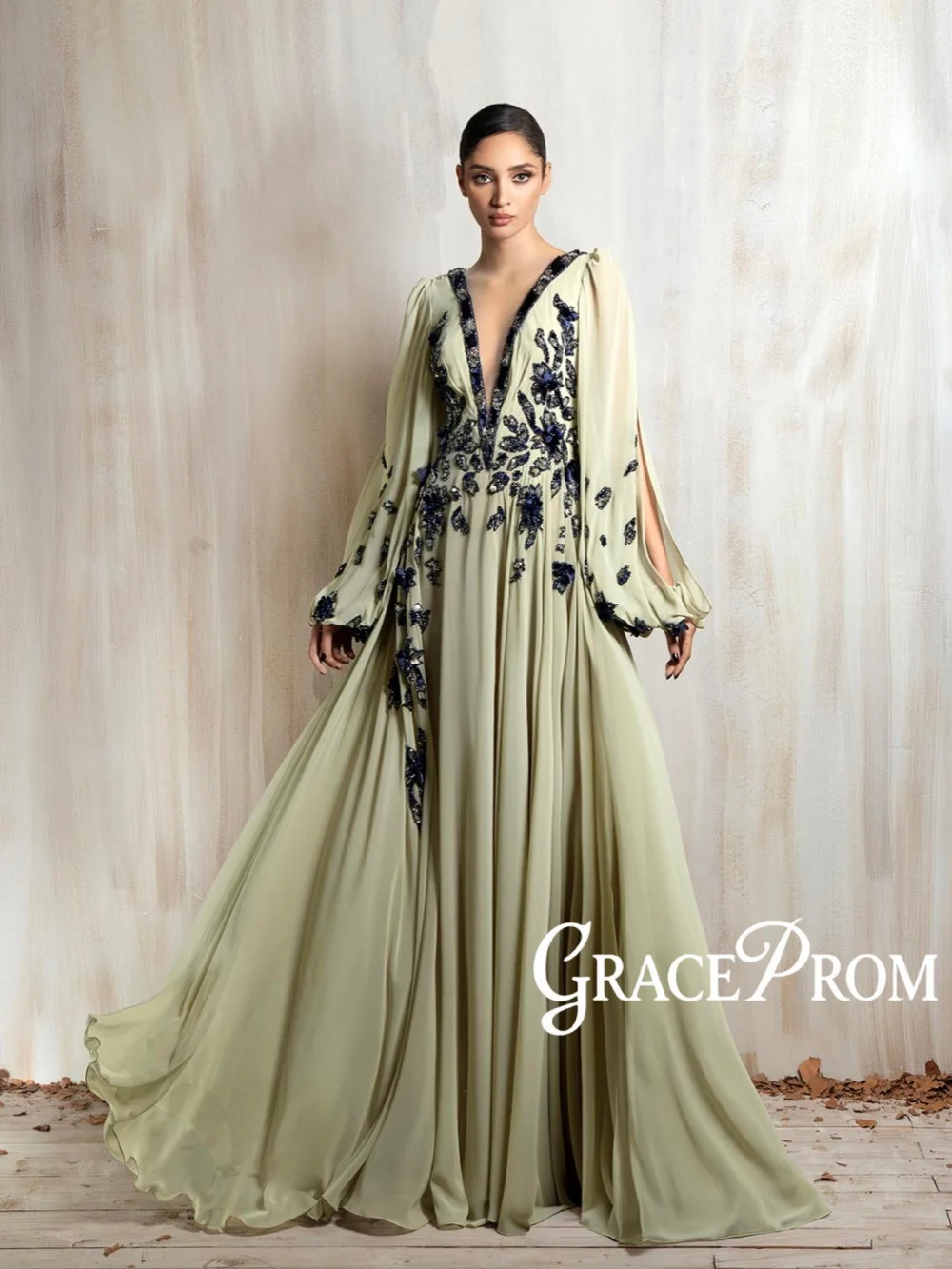 

Sage Green Vneck Beaded Evening Dress 3D Floral A-line Chiffon Mother of The Bride Dress Customized Graceful Red Carpet Gowns