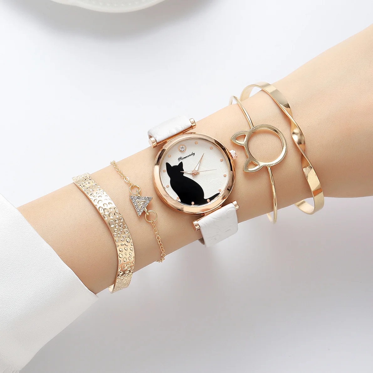 5pcs/set cute fashion cat pattern quartz pu leather women wrist watch