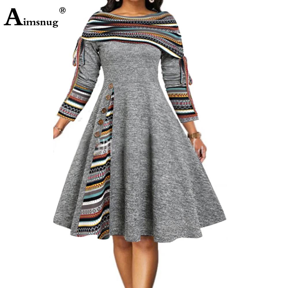 2025 Women's Scarf Collar A-line Party Dress Vintage Striped Print Befree Dress Plus Size Women Elegant Knee-Length Dresses New