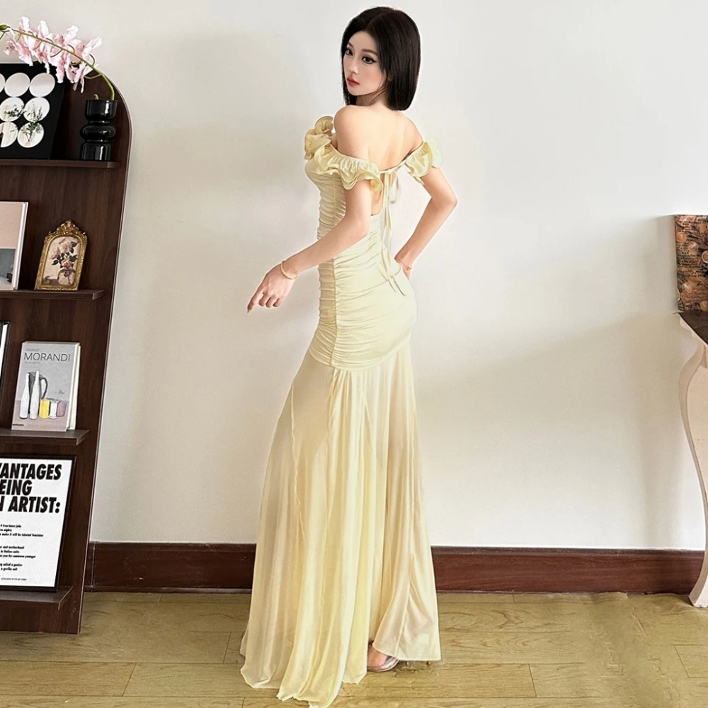 SylCue Slash Neck Skirt Suit 3D Flower Hip-Wrapped Dresses+Mesh Comfortable Breathable Skirts French Elegant Style Streetwear