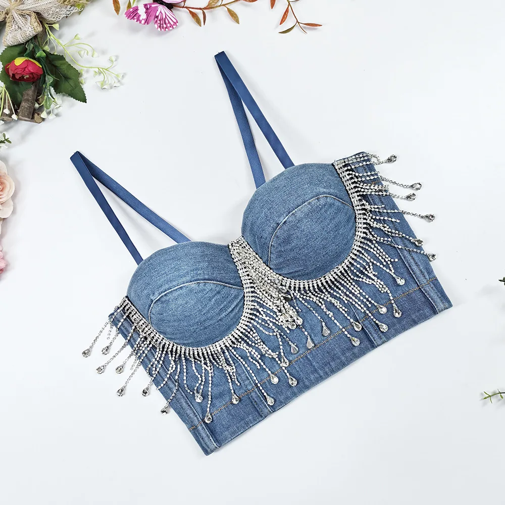 Women's Rhinestone Tassel Beads Bralette Gothic Punk Style Fishbone Underwire Denim Bras Outside Nightclubs Sex Underwear