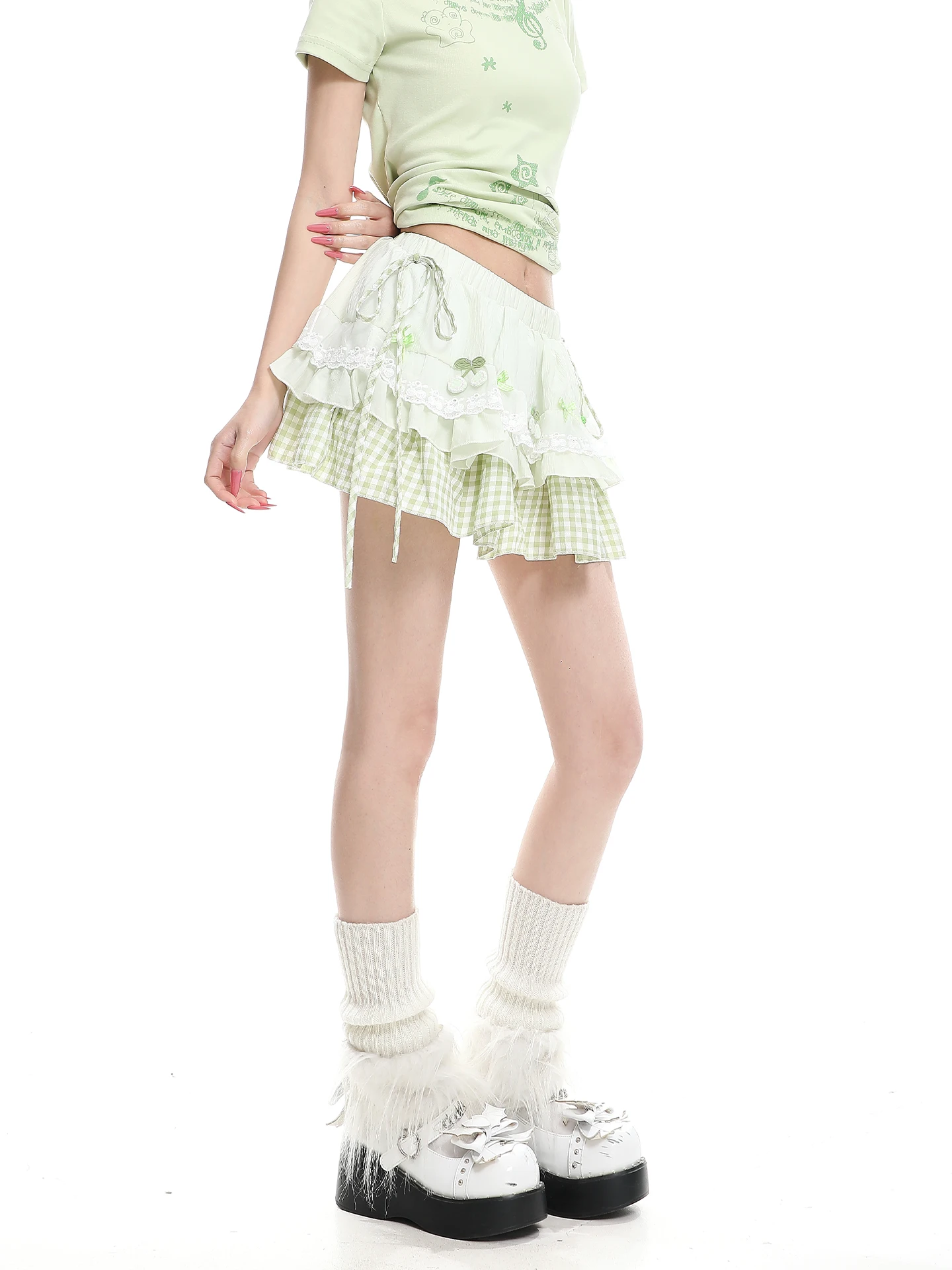 Chic Summer Half Skirt Women's Cake A-Line  Skirt Stylish Beautiful Dopaamine Plaid Splicing Belted Versatile Y2K Skirt
