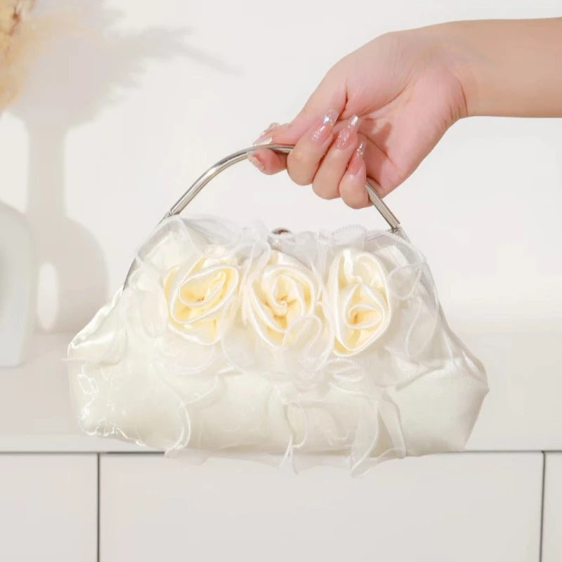 Women Fashion Flower Satin Evening Clutch Bag Elegant Bride Wedding Prom Party Handbag with Chain Strap Crossbody Shoulder Bag