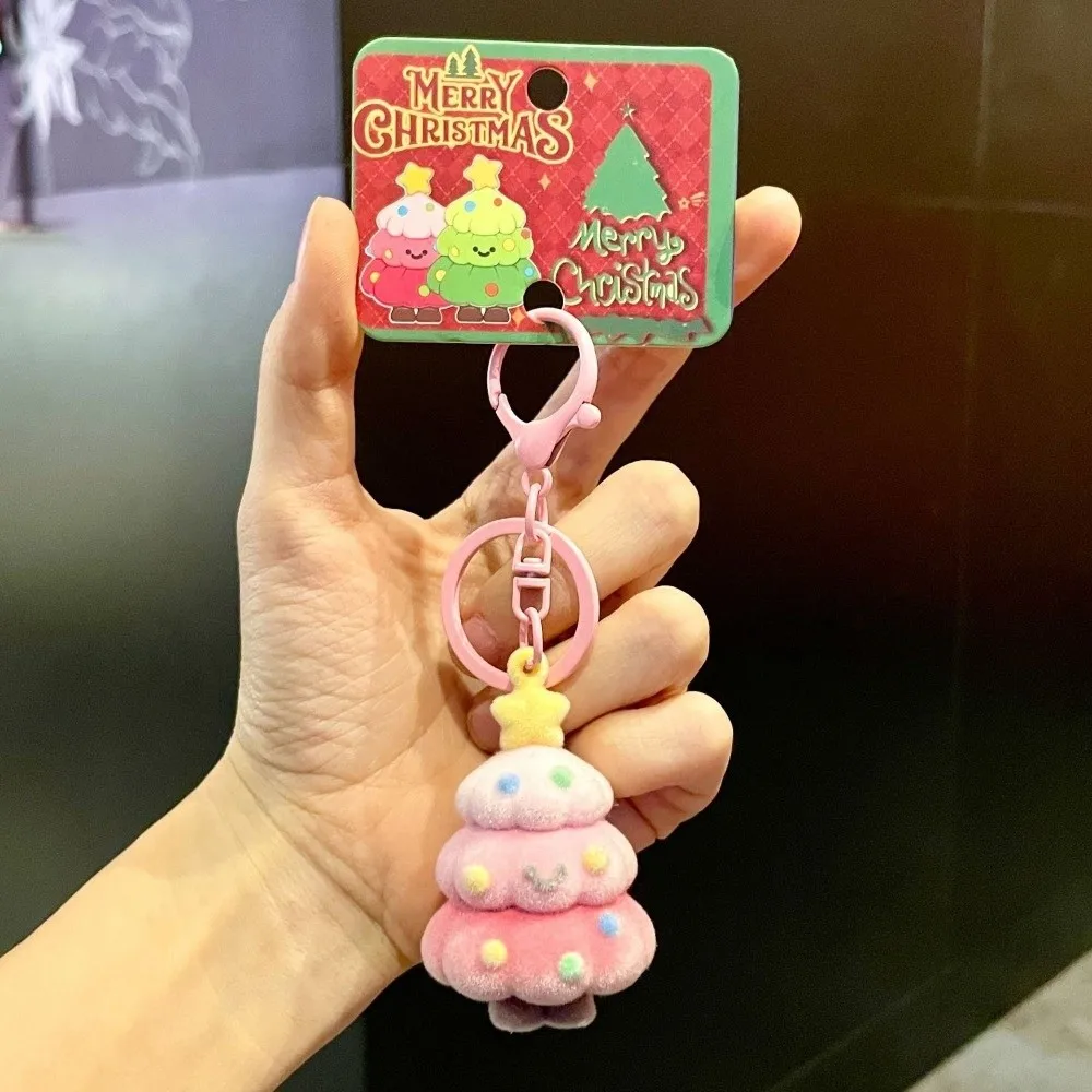 Cute Creative Christmas Tree Flocked Keychain Mini Lightweight Holiday Gift Box Optional Soft Touch Bag Charm Gift Giving