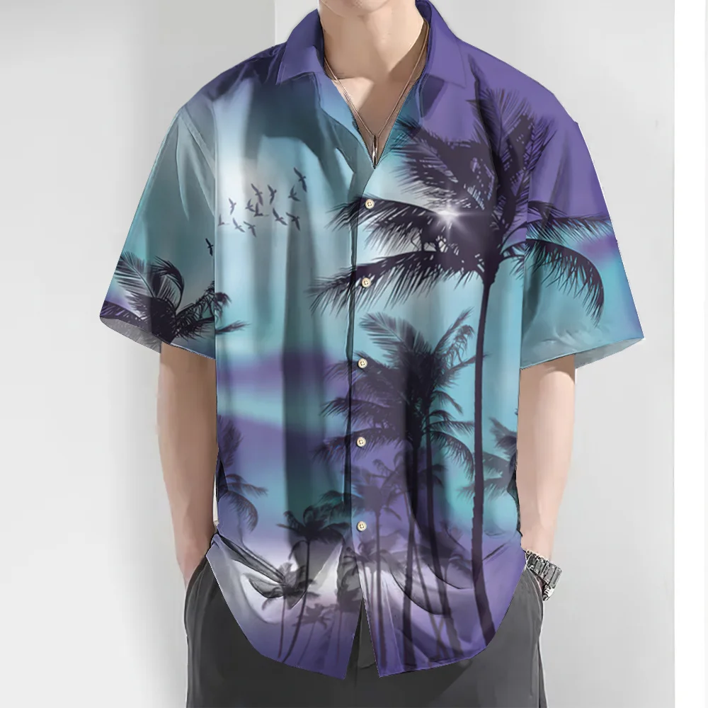 Camisa hawaiana con estampado de árbol de coco colorido en 3d para hombre, camisa informal de manga corta para playa, ropa de gran tamaño, Verano