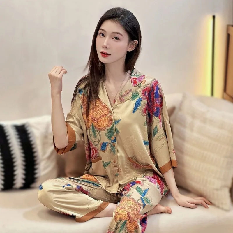 

Летний комплект одежды для сна для женщин, кардиган с короткими рукавами и воротником, домашняя одежда, комплект из двух предметов, удобная дышащая пижама для молодых мам