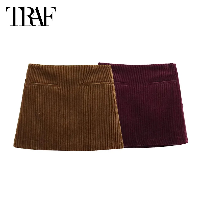 TRAF Elegant Mini Skirts 2025 Women's Spring Mid Wais Corduroy Short Skirts Fashion Casual Party Vintage Brown Red Winter Skirts