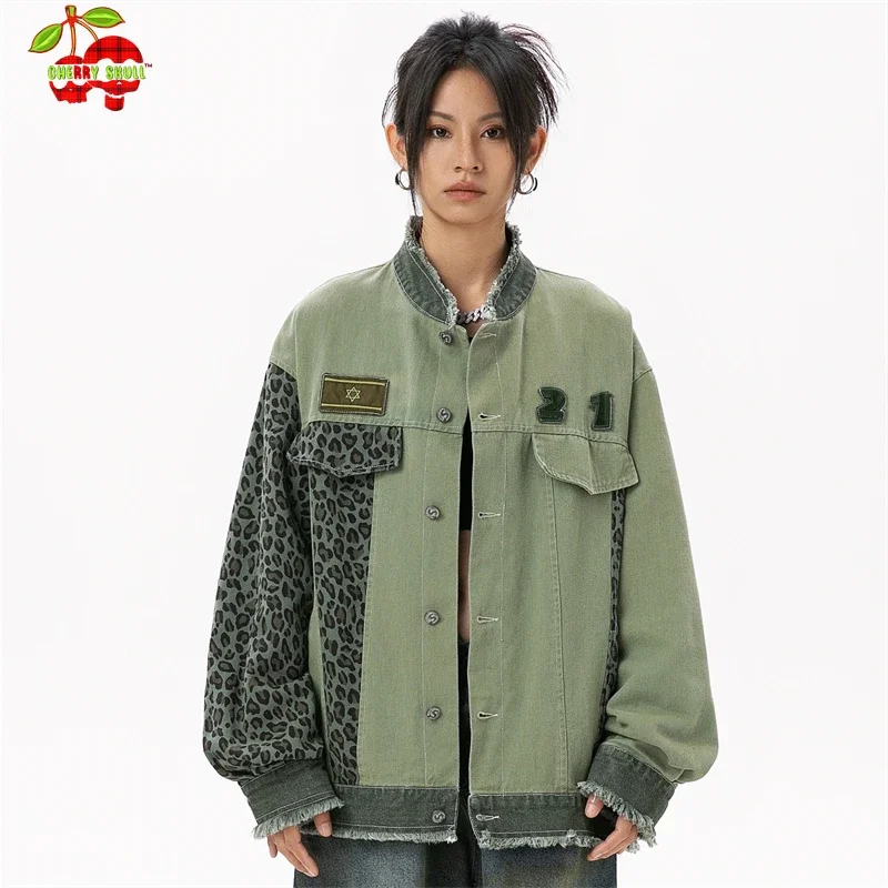 Women\'s Denim Jacket Green Patchwork Lady Jackets for Women 2024 Fall New in External Outdoor Clothes Jeans Jacket Womens Luxury