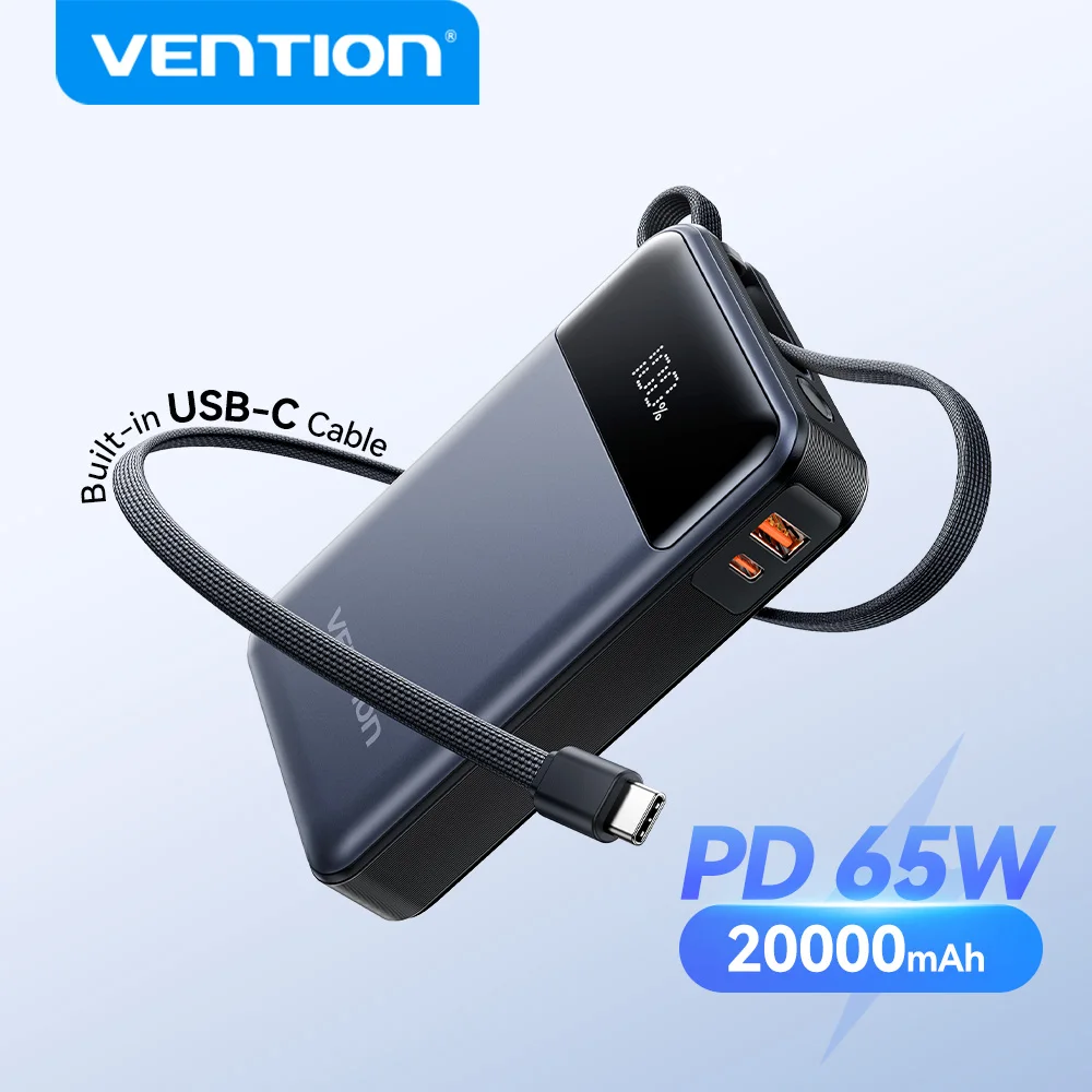 Power Bank Vention 20000 мАч PD 65 Вт, быстрая зарядка со встроенным кабелем USB Type-C для ноутбуков iPhone 17 Pro Max, портативный внешний аккумулятор