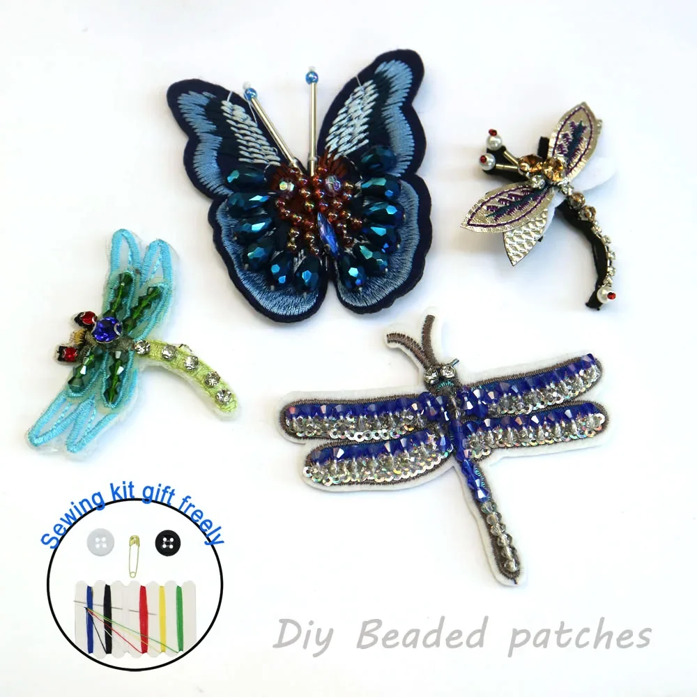 Dragonfly Rhinestone beaded patches for Clothing butterfly parches Sew on Sequins Applique decorative parches bordados para