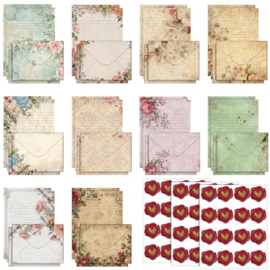 

160 Pcs Stationery Paper Set 50 Double Sided Stationery Papers with 50 Matching Envelopes and 60 Round Dot Sticker, 10 Design V