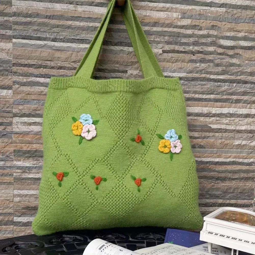 Female Retro Handmade Floral Embroidery Granny Knitted Tote Bag Aesthetic Cottage Core Crochet Big Capacity Pouch Shopper Bag