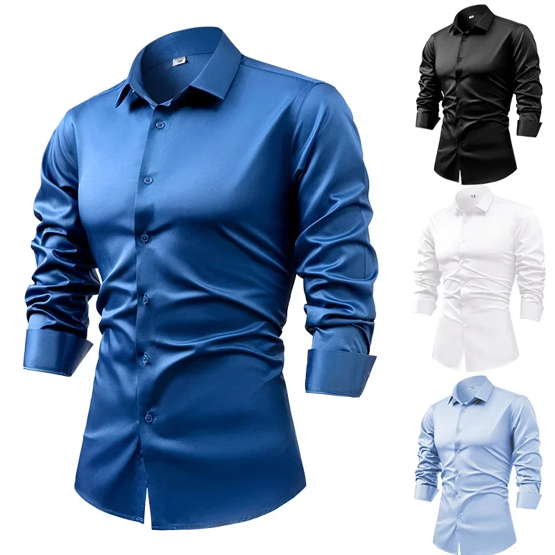 2025 Spring Autumn Royal Blue Silk Satin Long-sleeved Dress Shirts for Men, Navy Blue Business Casual Non-iron Wrinkle Camisas