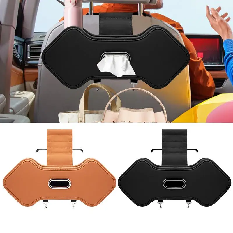 Car seat back storage box with Water cup storage rack PU Leather Tissue Box with 2 hooks Multi-function auto interior Organizer