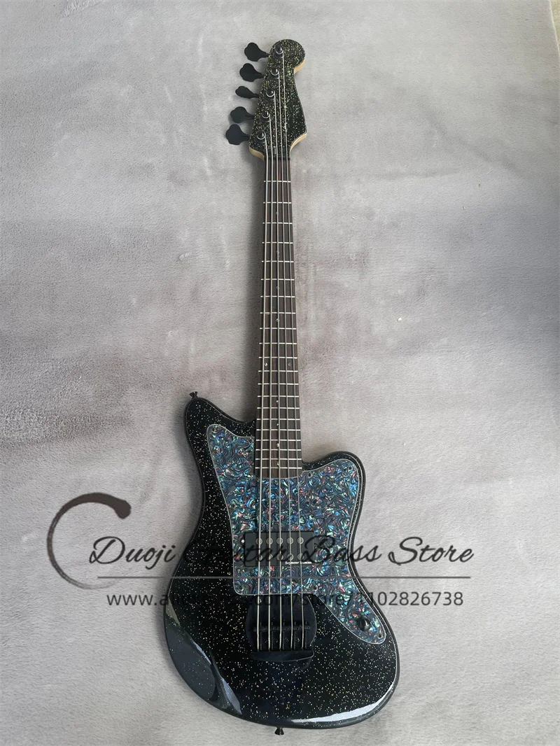 

5 Strings ELectric Bass Black Body Flash Particle H Pickup 21 Frets Fixed Bridge Abalone Shell Pickguard Factory Custom