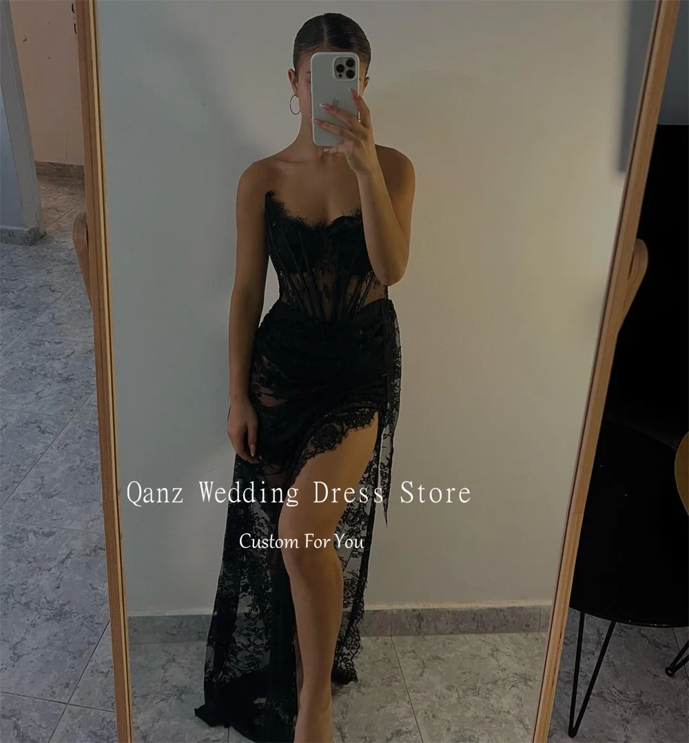 Qanz Sexy See Through abiti da sera corsetto senza spalline in pizzo nero abiti da ballo a sirena con spacco alto 2024