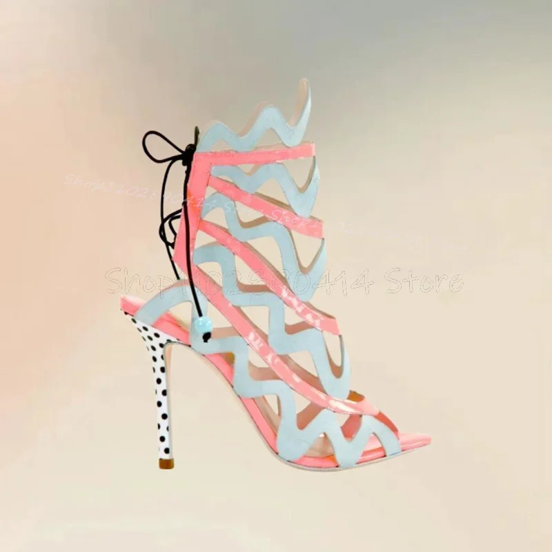 

Mixed Color Wave Strappy Hollow Design Sandals Boots Back Strap Women Shoes Thin High Heels New Fashion 2025 Zapatos Para Mujere
