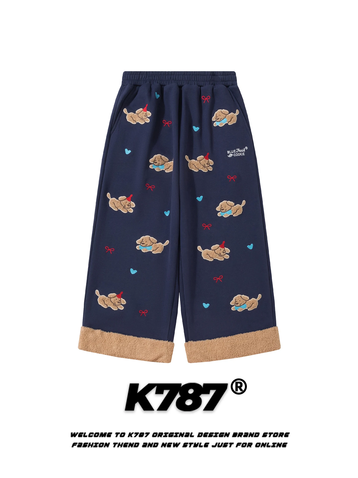 

K787 American Retro Cute Dog Embroidery Cuffed Casual Pants Men's Loose Fce Lined Straight Leg Warm Winter Trousers