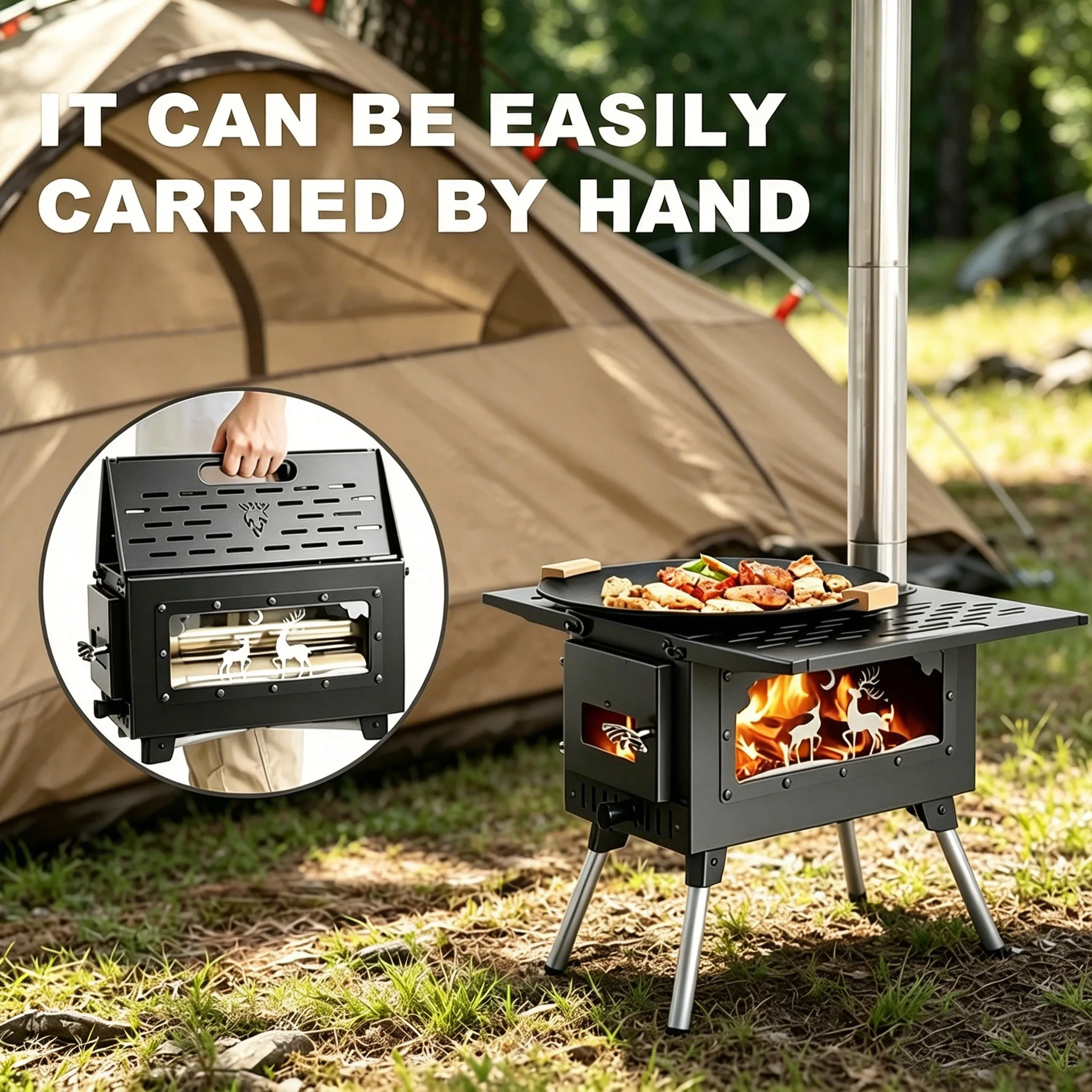 

Портативная складная походная печь-палатка, высокопроизводительная дровяная печь из нержавеющей стали для пикника, уличного обогрева и приготовления пищи