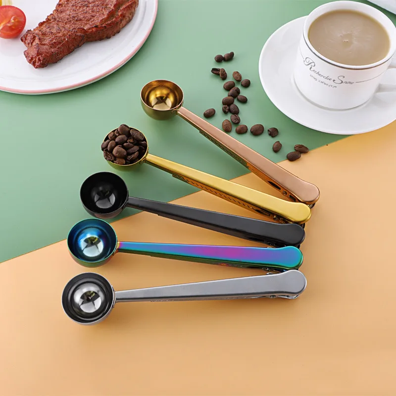 Stainless steel coffee spoon with clip two-in-one milk powder clip measuring spoon kitchen multi-functional food sealing clip