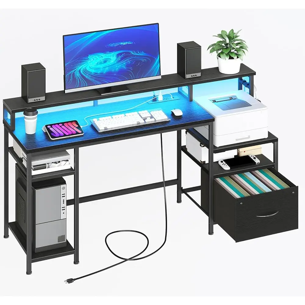 

Computer Desk, 55"" Home Office Desk With Fabric File Cabinet, Power Outlet And Led Strip, With Monitor Stand And 2 Hooks For