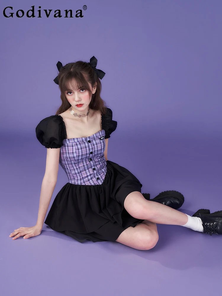 

Sweet Cool Purple Plaid Puff Sleeve High Waist Princess Dress Summer New Girl Square Neck A-line Party Age Reducing Cake Dresses