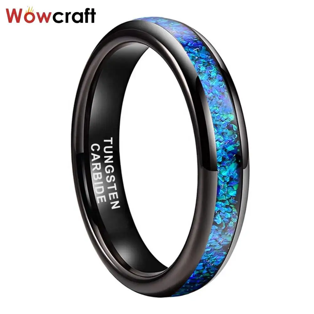 Tungsten Carbide Ring for Women Men Genuine Blue Opal Inlay Fashion Jewelry Engagement Wedding Band