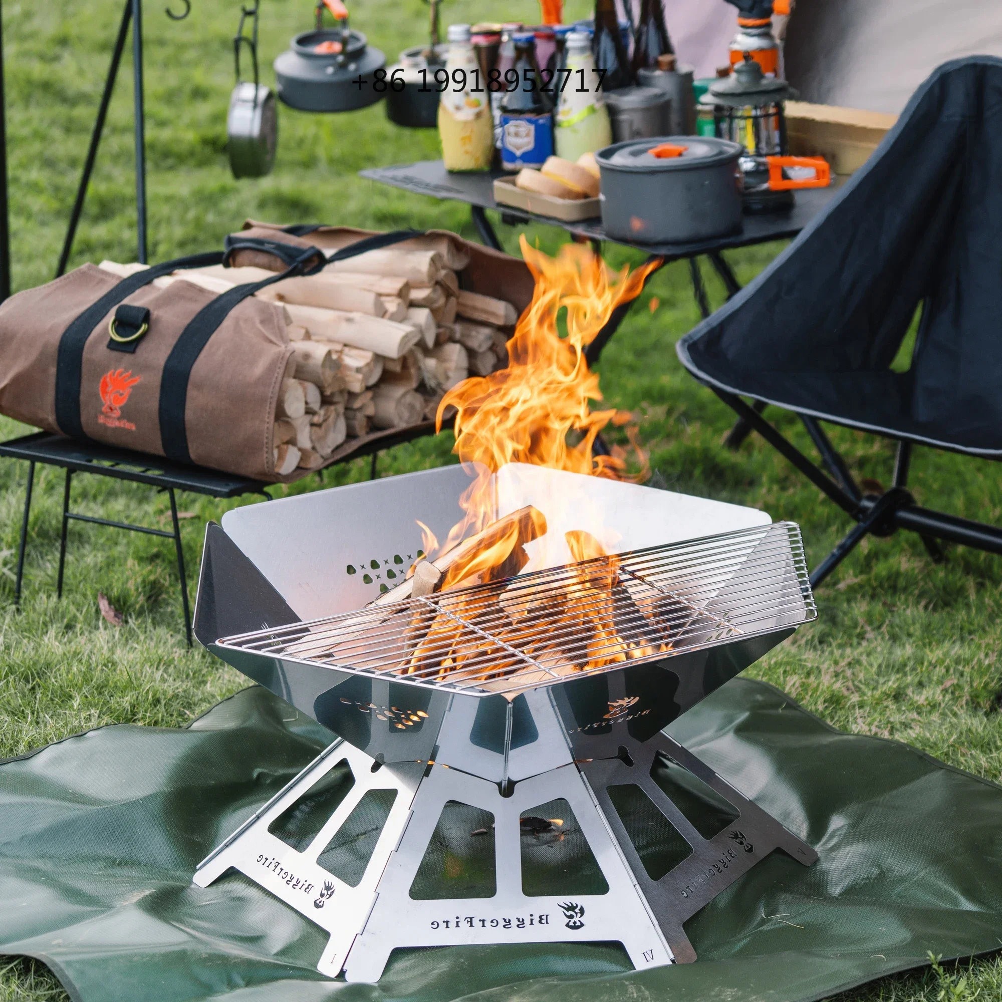 Foldable Portable Fire Pit, Stainless Steel Fire Pits with Charcoal Grill Net and Storage Bag, Camping Fire Pit Grill JJ107