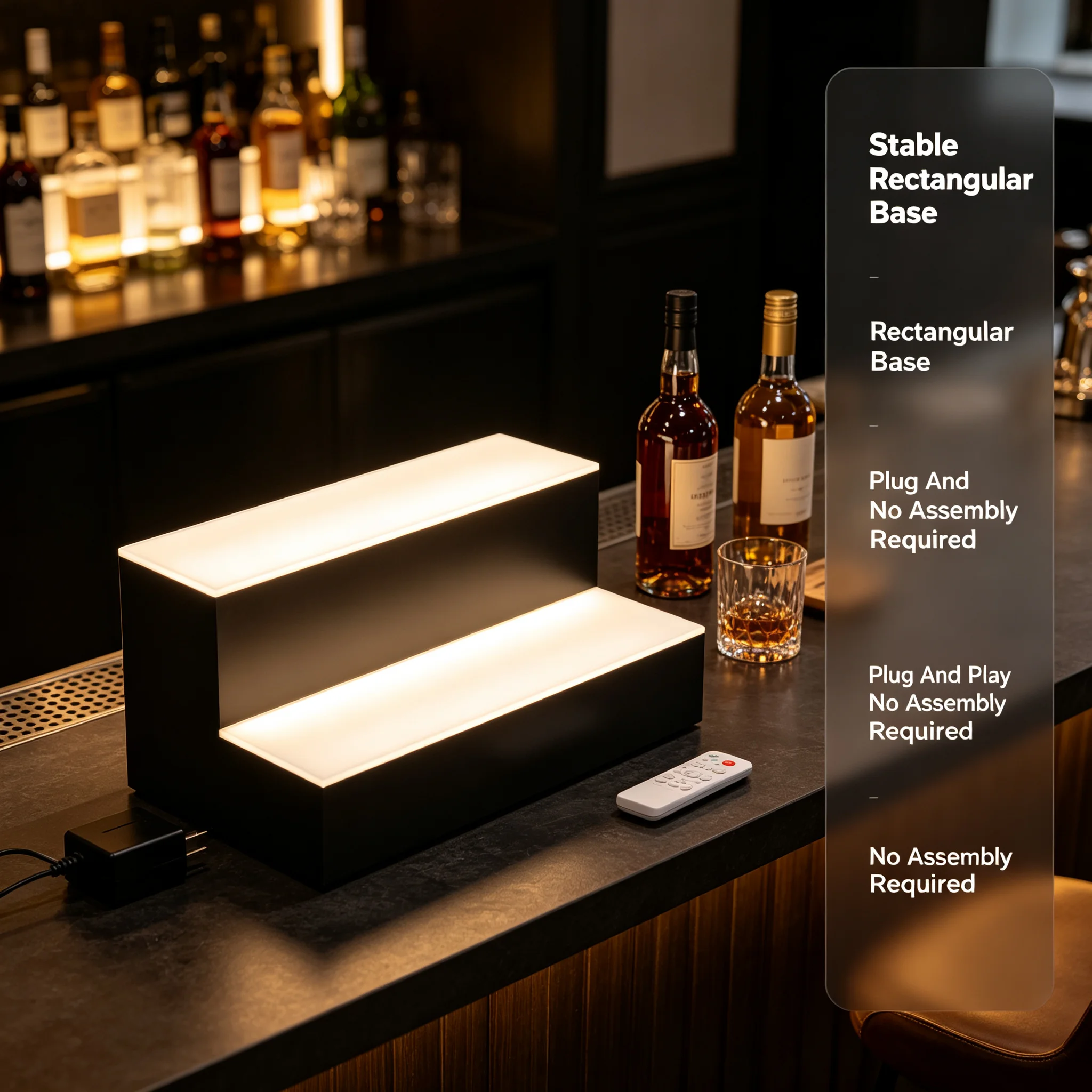 LED Lighted Liquor Bottle Display Stand with Remote Control, 2-Tier Acrylic Wine Bottle Exhibition Rack with Colorful LED Lights for Bar Party Home, Black/White view 6