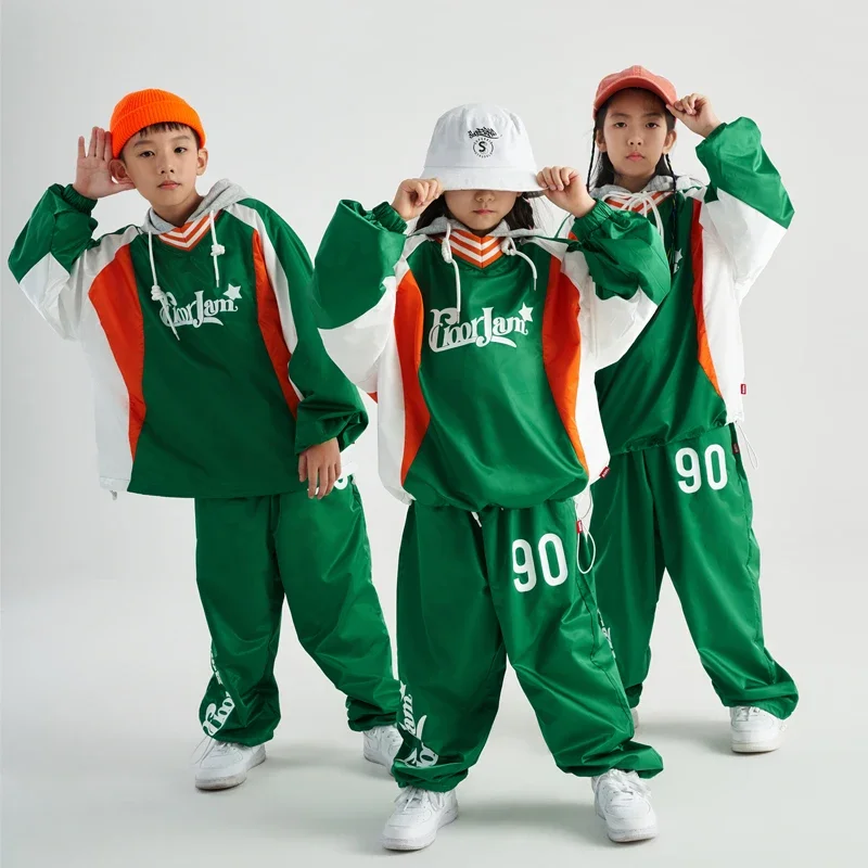 

Girls Jazz Dance Costumes Boys Modern Hip Hop Dance Streetwear Children Green Loose Hoodie Shirts Hiphop Pants Suit