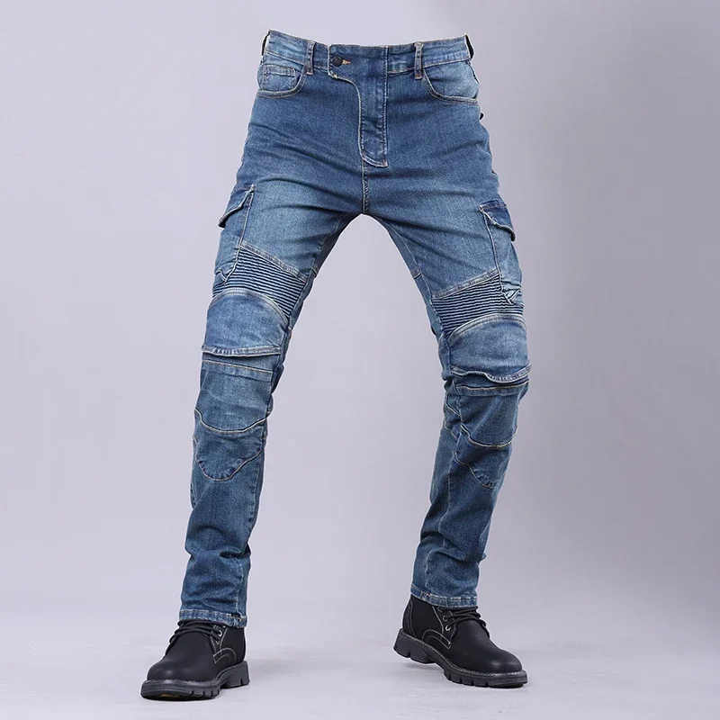 Motorcycle Jeans Warm Plush Autumn Winter Riding Pants Slim Fit Elastic Jeans Racing Off-Road Anti Fall Pants Outdoor Travel