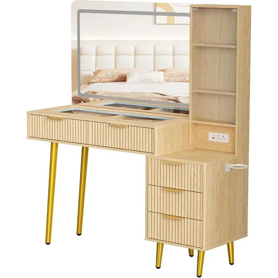 Large Vanity Desk with 36-Inch LED Mirror and 3 Lighting Modes, 48-Inch Fluted Makeup Table with 5 Drawers, Shelf, Built-in Pow