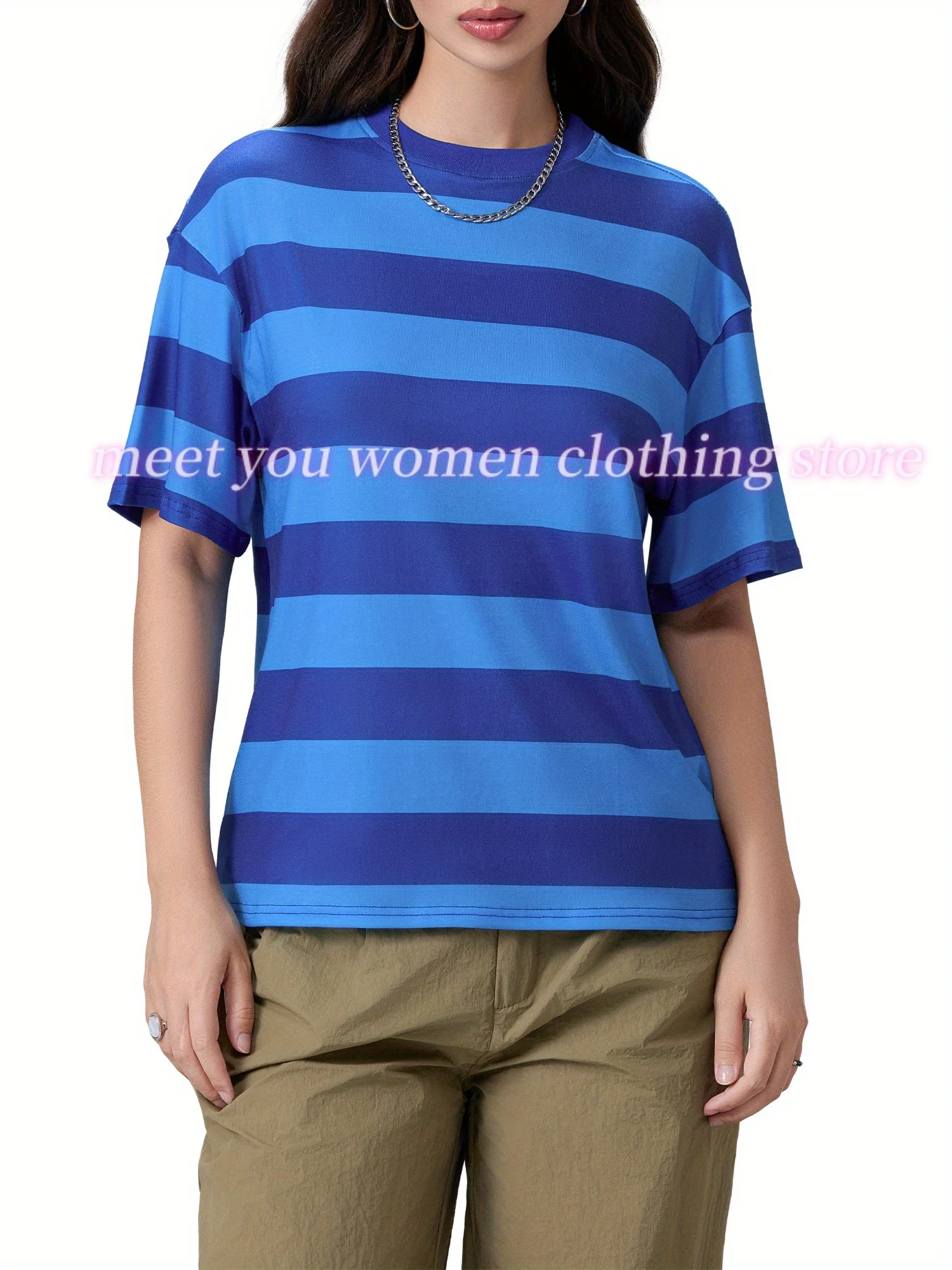 Colorful Stripe Print Woman T Shirt Girl Oversize Daily Tops Female Tees Creativity Ttshirt Round Neck T-Shirt Casual Clothes