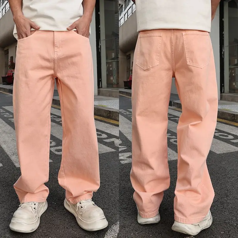 

Newest Pink Jeans Men Loosen Fit Mid Rise Denim Bottoms Man's Street Clothes