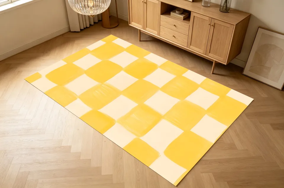 Plush Checkerboard Area Rug with Creamy Yellow Border