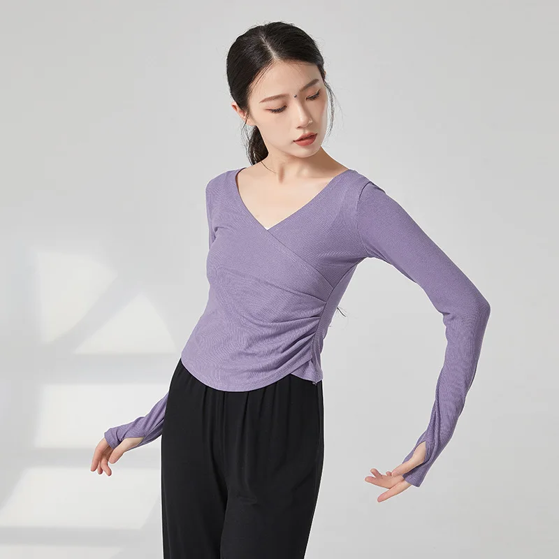 Adult Modern Dance Practice Clothes V Neck Finger Sleeve Autumn Winter Tops Women Slim Elegant Yoga Costume Performance Clothing