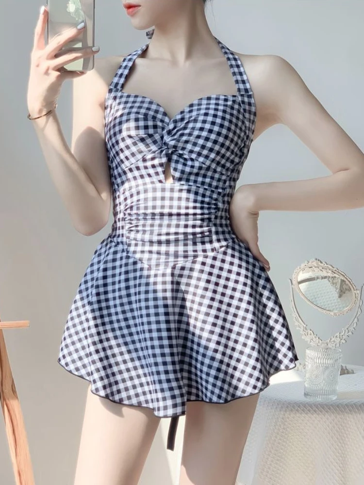 2026 New Women Backless One Piece Swimsuit Modest Plaid Lace Up Skirted Bathing Suit Tummy Control Slimming Beachwear view 5