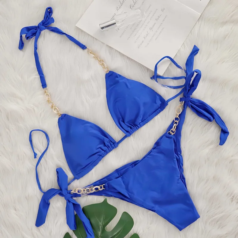 

Двухсекционный купальник с металлической цепочкой, однотонный купальник, женское бикини высокого качества