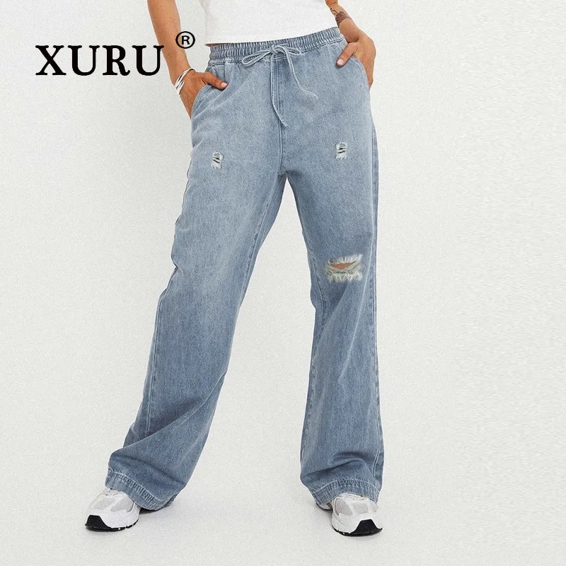 

XURU - New Women's Perforated Slim Fit Jeans, Y2k Clothes Fashionable and Personalized Elastic Waist Long Jeans, Men's Pants