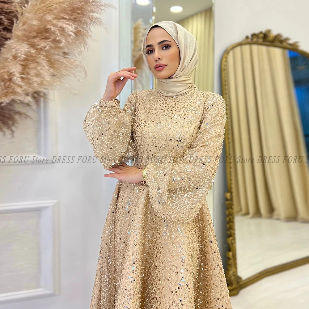 Glitter Muslim Evening Dresses Floor Length Puff Sleeve Bead Lace Kaftan Formal Wedding Party Gown For Woman High Neck Fiesta