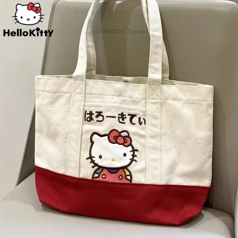 Sanrio Hello Kitty Cinnamoroll Embroided Cartoon Handbags Y2k Pochacco Casual Canvas Bag Shoulder Portable Tote Bag Student Bag