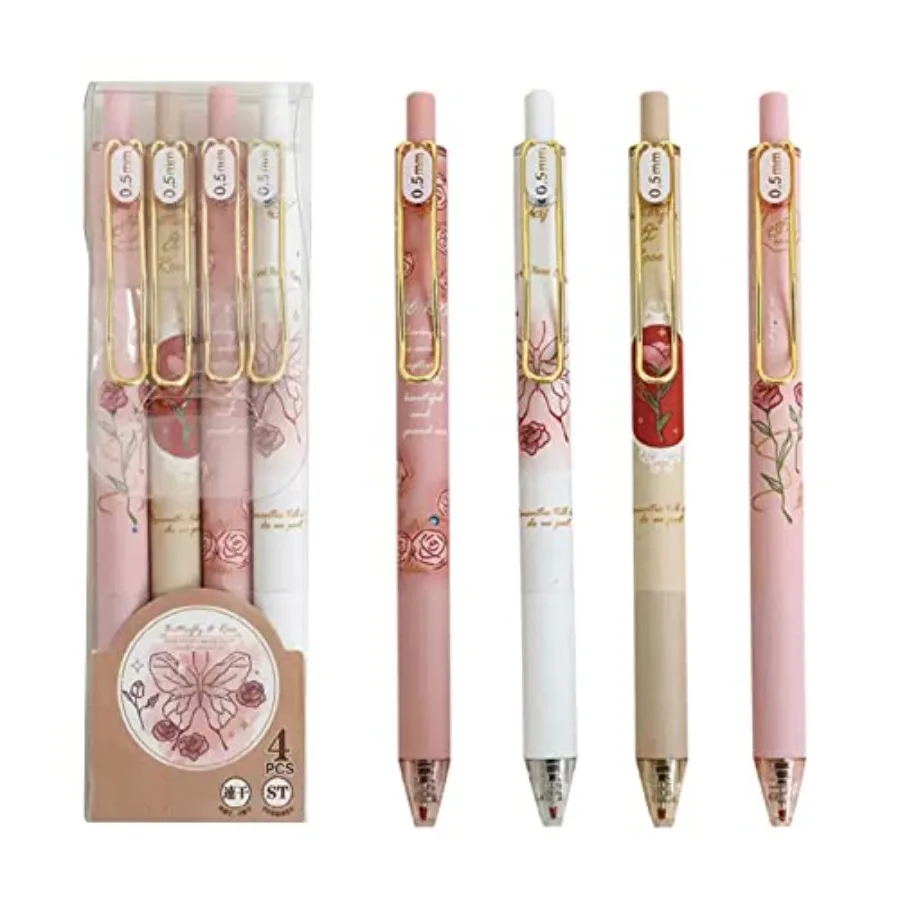 

MOZXIRZ 4 Pcs Gel Ink Pens Flower Retractable Pens 0.5mm Black Ink Gel Pens Women Cute Aesthetic Pens Office School Pens