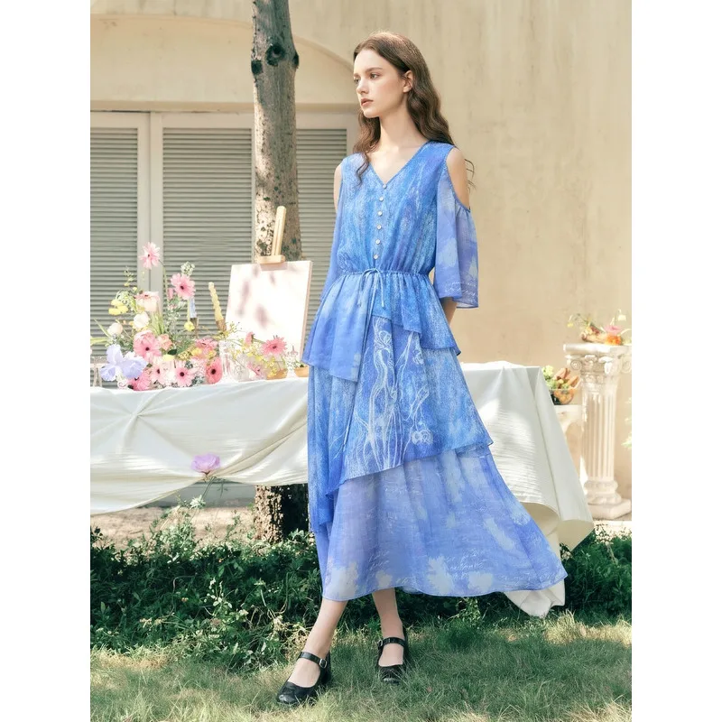 

Платье Gardenia Qingmeng Style с открытыми плечами и принтом, с элегантной длинной юбкой