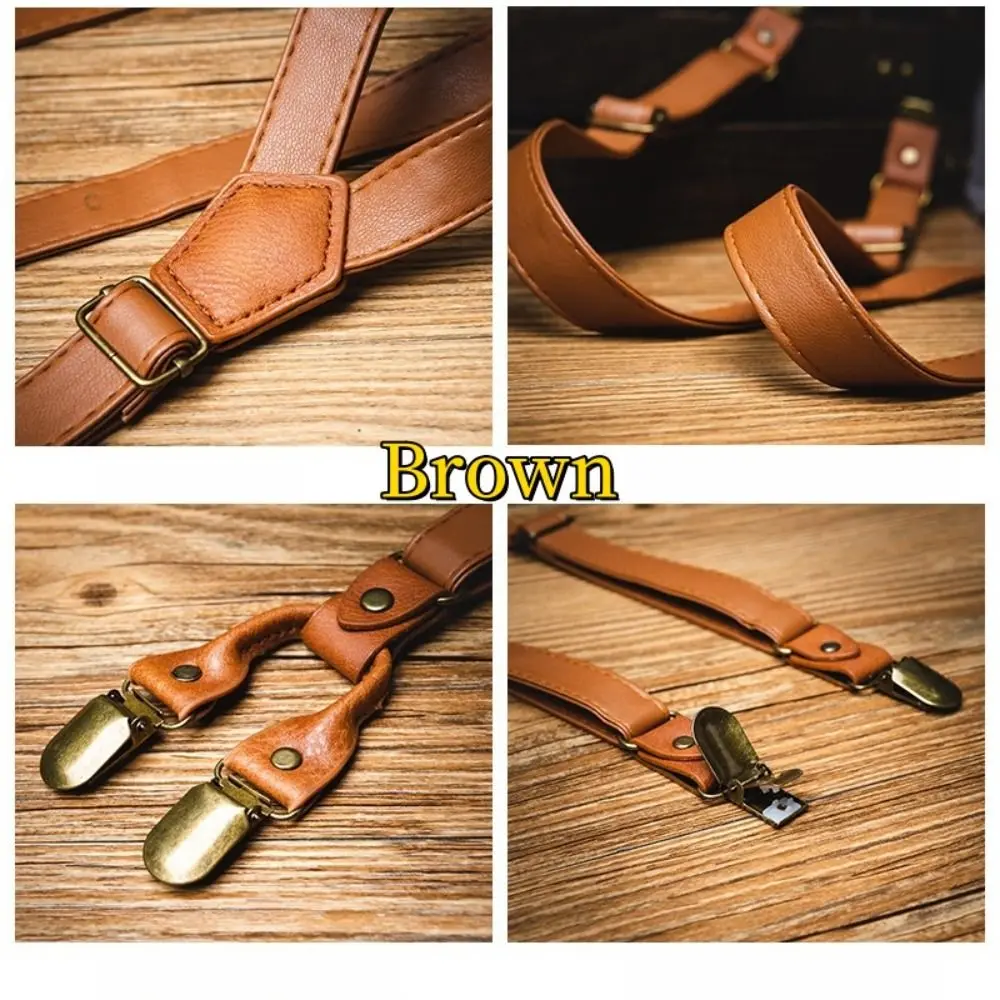 Fashion Suspender hitam pria, Suspender kulit Retro coklat Anti slip gaya Inggris klip Suspender Pria